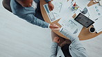 Colleagues, deal and handshake for agreement, paperwork and team with meeting for merger or project. Above, people or shaking hands for collaboration in boardroom, documents and success of investment