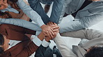 Business people, hands together or meeting with applause above for team success or unity in office. Group, employees or clapping in huddle with pile or stack for collaboration, mission or achievement