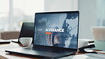 Ai, finance and screen of laptop in office for portfolio manager, trading algorithm or broker rpa. Stock market analysis, future and research with tech in investment banker agency for fraud detection
