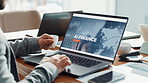 Banker, homepage and screen of laptop in office for online platform, algorithm or transcription. Artificial intelligence, businessman or finance research on AI technology in investment banking agency