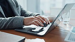 Finance, businessman and hands typing on laptop for account management or online report. Office, keyboard or accountant with technology for taxes compliance, investment project or auditing budget