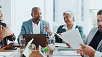 Meeting, documents and business people in office, accounting and feedback for budget report. Group, employees or financial consultant with success, advice and proposal for investment or profit growth