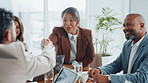 Business people, clap or handshake in office for congratulations, agreement or b2b deal. Shaking hands, team or happy entrepreneur meeting investor for financial opportunity, partnership or welcome