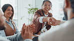 Business people, clap or handshake in office for introduction, agreement or b2b deal. Recruitment director or entrepreneur meeting investor for financial opportunity, partnership or welcome applause