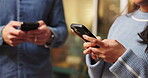 Couple, hands and phone in home for internet addiction, social media and playing game. Mobile, man and woman together with app for text message, typing and online communication on website at night