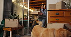 Moving, boxes and couple with dog in new home, rental apartment and property for homeownership. Real estate, happy and woman with man, pet and packing for relocation, mortgage and house investment
