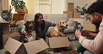 Happy, couple and picture of dogs, moving or memory of domestic animals in box, smile or relocation. Photography, woman and man with pets in new home, bonding and post for milestone on social media