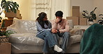Couple, headache and support with boxes for eviction notice, move or home migration together. Man, woman and hug with financial crisis, trust or empathy for bankruptcy, mortgage or house repossession