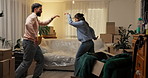 Moving in, excited or couple with dancing in new house for property investment, relocation or night. Evening, people and celebration in first home for mortgage security, goals and real estate success