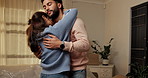 Romance, night and couple with dance in new house for property investment, relocation or love. Evening, people and romantic celebration in first home for bonding, achievement or real estate together