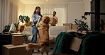 Dance, boxes and couple with dog in new home, rental apartment and property for homeownership. Real estate, music and happy man, woman and pet celebrate for relocation, mortgage and house investment