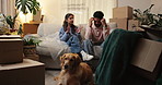 Frustrated couple, conflict and debt with boxes for eviction notice, move or home migration. Fight, man and woman with pet in disagreement or argument for bankruptcy, crisis or house repossession