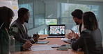 Video call, screen and business people on laptop in meeting, virtual discussion and conference. Boardroom, corporate and workers on computer for communication, online webinar and contact in office