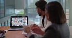 Video conference, screen and business people on laptop in meeting, virtual discussion and talking. Boardroom, corporate and workers on computer for communication, online webinar and contact in office