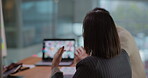 Business, team or woman with discussion in online webinar for finance campaign, budget or strategy. Financial marketing, people and laptop screen in office for customer engagement or video conference