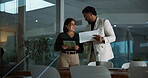 Teamwork, tablet and documents with business people in office for feedback, broker firm and night. Stock market performance, collaboration and planning with employees for overtime report and research