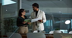 Research, tablet and documents with business people in office for feedback, broker firm and night. Stock market performance, collaboration and planning with employees for overtime report and teamwork