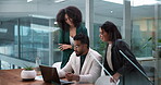 People, talking and meeting with laptop in office for accounting, finance report and feedback. Staff, discussion and pc for teamwork, company performance and review proposal for financial investment