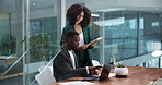 Teamwork, laptop and research with business people in office for email feedback, broker firm or night. Stock market performance, collaboration and tablet with employees for overtime review and report