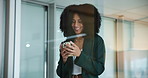 Business woman, phone and happy at window, texting and notification with good news for career. African person, smartphone and smile with thinking for deal, feedback and mobile app at insurance agency