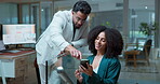 Teamwork, phone and research with business people in office for email feedback, broker firm and night. Stock market performance, collaboration and planning with employees for overtime review