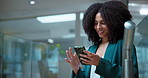 Business woman, phone and happy with texting, scroll and notification with good news in lobby. African person, smartphone and smile with click for deal, feedback and mobile app at insurance agency