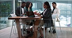 People, listen and manager with laptop in office for accounting, finance report and feedback. Staff, discussion and pc with teamwork, company performance and review proposal for financial investment