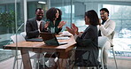 Applause, meeting and laptop with business people in office for planning, agreement and trading deal. Support, asset partnership and thank you with employees in agency for research and discussion