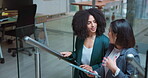 Business, women and talk with tablet in office for planning, financial report and review budget. People, discussion and digital on stairs for teamwork, finance feedback and information for investment