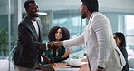 Men, shaking hands and business people with applause, meeting and deal with congratulations at office. Team, success and handshake with b2b collaboration, achievement and goals at finance agency