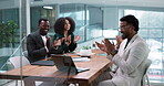Applause, laptop and teamwork with business people in meeting for planning, agreement and trading deal. Support, asset partnership and thank you with employees in agency for research and discussion