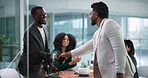 Men, handshake and business people with applause, meeting or congratulations for deal at office. Team, happy and shaking hands with b2b collaboration, achievement and celebration at insurance agency