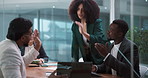 People, glass and brainstorming with laptop in discussion for accounting, report or feedback. Meeting, group or employees planning in office for business, company agenda or review for development