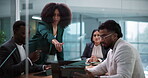 People, glass and teamwork with laptop in discussion for accounting, report or feedback. Meeting, group or employees planning in office for business, company agenda or review for financial investment