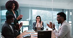 Applause, meeting and success with business people in office for planning, agreement and trading deal. Support, asset partnership and thank you with employees in agency for laptop and discussion