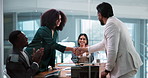 Applause, meeting and handshake with business people in office for planning, agreement and trading deal. Support, asset partnership and thank you with employees in agency for praise and shaking hands