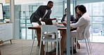 People, glass and meeting with laptop in discussion for accounting, report or feedback. Business, group or employees planning in office for teamwork, company agenda or review for financial investment