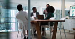Woman, talk and meeting on screen in office for accounting, financial report and review budget. Staff, explain and team for finance graphs, sales charts and stats for funding pitch of risk assessment
