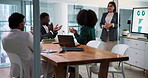 Applause, meeting and presentation with business people in office for planning, agreement or trading chart. Support, asset partnership and thank you with employees in agency for praise and discussion
