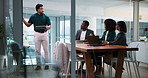 Man, tablet and presentation in boardroom, meeting and discussion with problem solving at company. Person, speaker and team for review, point and application with brainstorming at insurance agency