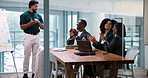 Man, presentation and business people with applause, meeting by board, charts or smile at office. Speaker, success and team with celebration, achievement or goal for profit increase at finance agency