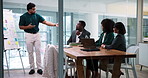 Man, meeting and graphs on board in office for accounting, financial report and review budget. People, explain and team for finance growth, sales charts and stats for funding pitch of risk assessment