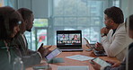 Video conference, team and business people on laptop in meeting, virtual discussion and talking. Boardroom, corporate and workers on computer for communication, online webinar and contact in office