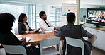 Business, team or people on screen with online webinar for finance campaign, forecasting or strategy. Financial marketing, group and video conference in office for customer outreach and data analysis