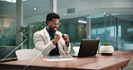 Success, employee and man with laptop, office or reading positive feedback on email, excited or app. Happy, sales manager and smile for financial growth, achievement and person with technology or win