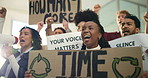 Woman, poster and group with protest for climate change, solidarity and voice for sustainability. People, speaker and crowd chant with sign for ecology crisis with power, support and global warming