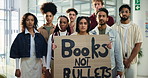 Students, face and people with poster for protest, demonstration and rally for human rights. Gun violence, school shooting and portrait of men and women with banner for change, safety or stop weapons