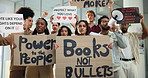 School shooting, protest and face of people for safety, demonstration and rally for human rights. Gun control, poster and portrait of group with banner for government change, justice or stop violence