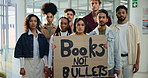 Students, protest and face of people with banner for safety, demonstration and rally for human rights. Gun violence, school shooting poster and portrait of group for change, justice and stop weapons