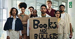 School shooting, safety and people with poster for protest, demonstration and rally for human rights. Gun control, support and portrait of group with banner for change, justice and stop violence